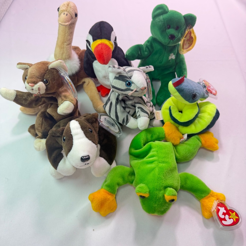 Ty Beanie Babies Lot of 8 Vintage 1997 Hissy Puffer Prance Bruno Erin Stretch